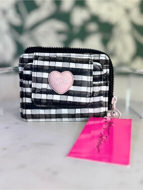 Betsey Johnson Black and White Gingham Wallet with Pink Heart Accent